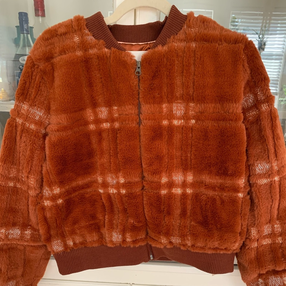 Anthropologie faux fur burnt orange bomber jacket with white embroidering